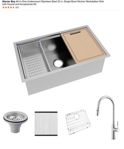 GLACIER BAY ALL-IN-ONE UNDERMOUNT STAINLESS STEEL 32IN. SINGLE BOWL KINCHEN WORKSTATION. SEE PICTURES