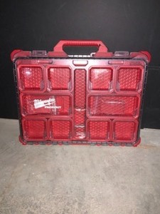 MILWAUKEE PACKOUT 18.6 IN. TOOL STORAGE CRATE AND MILWAUKEE PACKOUT 11-COMPARTMENT SMALL PART ORGANIZER. SEE PICTURES