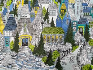 lot 13 image: Original folk art ink and gouache watercolor&nbspby MN artist Judy Hagstrom.