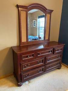 lot 1 image: Seven Drawer Lowboy Dresser with Mirror