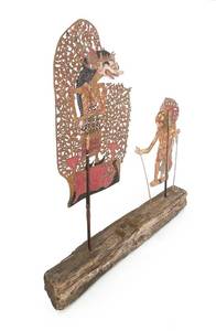 lot 1 image: Set of two (2) antique Thai shadow puppets made from water buffalo hide