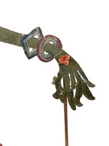 lot 2 image: One (1) antique Thai shadow puppet made from water buffalo hide and hand painted