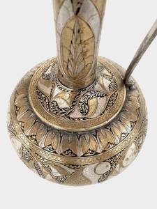 lot 35 image: Gorgeous antique handmade brass pitcher with fish motif, numbered on bottom.