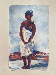 lot 30 image: Original antique oil on paper in the style of primitivism