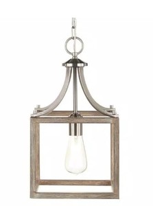 lot 622 image: Hampton BayHome Decorators Collection Boswell Quarter 9.44 in. 1-Light Brushed Nickel Pendant with Painted Weathered Gray Wood Accents