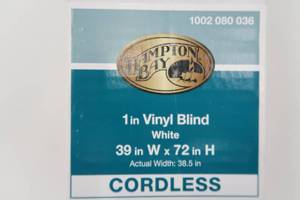 lot 603 image: Hampton Bay White Cordless Room Darkening 1 in. Vinyl Mini Blind for Window or Door - 39 in. W x 72 in. L