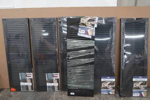 lot 685 image: Builders Edge 14.5 in. W x 43 in. H Builders Edge, Standard Cathedral Top Center Mullion, Open Louver Shutters - Black - 6 Pair