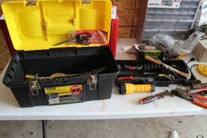 lot 13 image: Plastic Tool Box with Tool Caddy, Misc. Tools - Flashlight, Hammer, Scrapers, Scissors, Screwdrivers, C-Clamp, Pliers, and more 19Lx9Wx10H