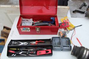 lot 12 image: Metal Tool Box with Tool Caddy, Misc. Tools - Gen-Tech Digital Multimeter, Epoxy Adhesive, Pliers, C-Clamps, Drill Bit Set, Wrenches, and more 16Lx7Wx8H