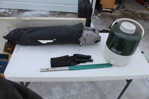 lot 27 image: Camping Equipment - Tent, Palco Camp Saw, Shovel, Coleman Water Cooler