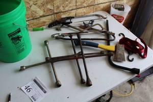 lot 46 image: Hand Tools - Tire Wrenches, Square, Hatchet, Hack Saws, Ratchet Strap