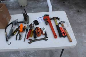 lot 103 image: Hand Tools - Screwdrivers, Nutdrivers, Pipe Wrench, Hammers, Drill Bits, Caulk Gun, Open End Wrench, Misc. Hand Tools
