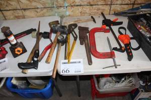 lot 66 image: Hand Tools - C-Clamps, Mallet, Wrenches, Pry Bar, Hole Saw, Slide Clamp, Pipe Wrench, Misc. Hand Tools