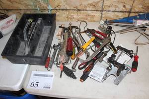 lot 65 image: Tool Caddy, Hand Tools - Oregon Filing Guide, Crescent Wrenches, Wrenches, Screwdrivers, Misc. Hand Tools