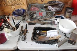 lot 77 image: Lot of Kitchen Housewares and Utensils - Knives, Spatulas, Forks, Scissors, Stainless Steel Colanders, Ice Bucket, Glass Pan, Misc. Housewares.