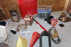 lot 75 image: Lot of Automotive Supplies - Funnels, Fram Filter, Mirror, Shoreline Marine Filter, Plastic Gas Can 4 Gallon, Liquid Caddy, Misc. Supplies
