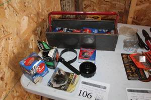 lot 106 image: Super Tech Oil Filters ST16, Oil Filter Strap and Cap Wrenches, Metal Tool Caddy, Duralast Idler Pulley,
