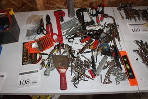 lot 108 image: Hand Tools - Wrenches, Clamps, C-Clamps, Tin Snips, Drill Bits, Pipe Wrench, Scissors, Hex Wrenches, Level, Misc. Hand Tools