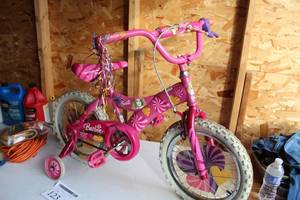 lot 123 image: Girls Barbie Single Speed Trail Bike with Training Wheels