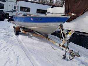 lot 3 image: Lund Fishing Boat 16, Evinrude Outboard Motor and Shore Landr Trailer  - This item is sold AS-IS For PARTS  REPAIR Only