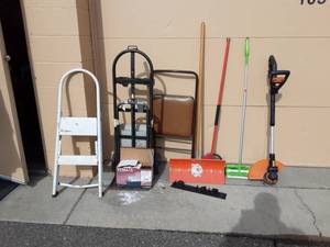 lot 3 image: 2-Wheeler, Step Ladder, Shovel, Broom, Swiffers, Chair, Worx Trimmer-No Battery