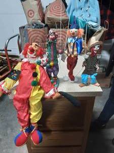 lot 6 image: 2-Clown Marionettes, Living Color Clown Doll, Clown Figurine