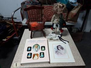 lot 7 image: Shirley Temple Doll, Baby Doll, Doll Chair, Doll Collector Book, Russ Troll, Misc