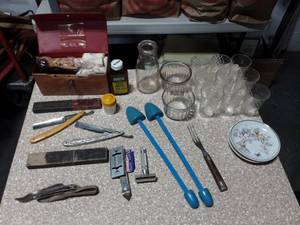 lot 24 image: Lot Of Vintage Collectibles  Straight Edge Razors, Shoe Shine, Etched Cordials, More