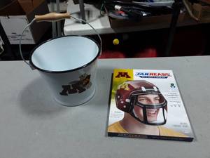 lot 34 image: MN Gopher Enamel Bucket & Fan Head Helmet