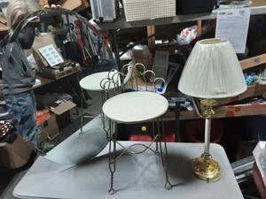 lot 35 image: Oval Beveled Mirror, Vintage Vanity Stool, Lamp