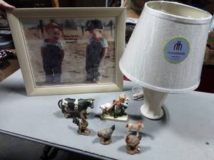 lot 36 image: Farming Picture, Farm Animal Figurines, Lamp