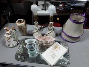 lot 50 image: Victorian FigurinesMusic Box, Lamps, Felt Back Etched Dresser Mirror
