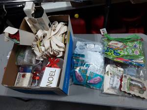 lot 58 image: Box Lot Of Crafting Supplies NEW Canvas Totes To Decorate, Fabric Markers, Pipe Cleaners, Adhesive Rollers