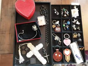 lot 14 image: Collection Of Hearts, Angels & Religious Items. Also Beaded Zipper Pulls, Key Fobs (COACH & Others)