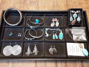 lot 31 image: Lot Of Southwest Silver & Turquoise Color Jewelry, Handmade Bracelet Stamped Sterling, Others (Not Organizer)