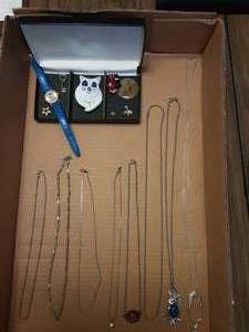 lot 35 image: 8-Assorted Necklaces, Cat Watch & Pins