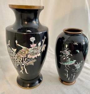 lot 31 image: Inlaid Jewelry Trinket Box, Brass Candles Holders and More