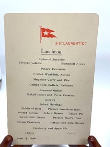 lot 202 image: Luncheon & Dinner Menu from the S.S. (Second) Laurentic