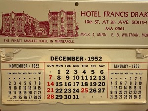 lot 250 image: Vintage Calendar - Hotel Francis Drake Minneapolis - 1952