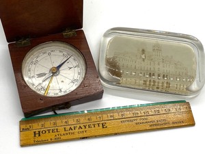 lot 352 image: Vintage Compass, Paper Weight and Small Hotel Lafayette Advertising Ruler