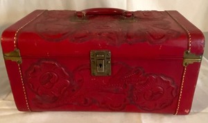 lot 416 image: Two Vintage Red Leather Crafted VanityCosmetic Suitcases