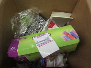 lot 159 image: box of notebooks, pens, sidwalk cha...