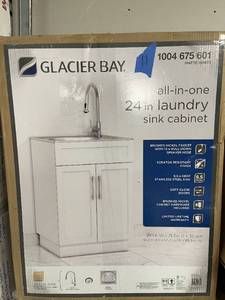 lot 12 image: All-in-One 24.125 in. x 21.375 in. x 35 in. Stainless Steel Laundry Sink with Faucet and Storage Cabinet by Glacier Bay