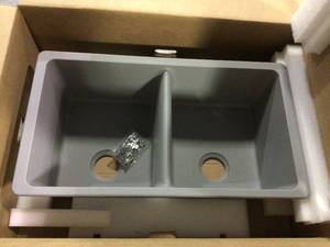 Quartz Classic Undermount Composite 33 in. 5050 Double Bowl Kitchen Sink in Greystone by Elkay&nbsp&nbspCustomer Returns Open Box See Pictures