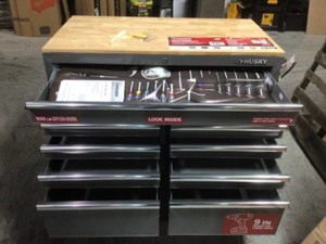 Husky 46 in. W 9-Drawer, Deep Tool Chest Mobile Workbench in Gloss Gray with Hardwood Top damaged see pictures