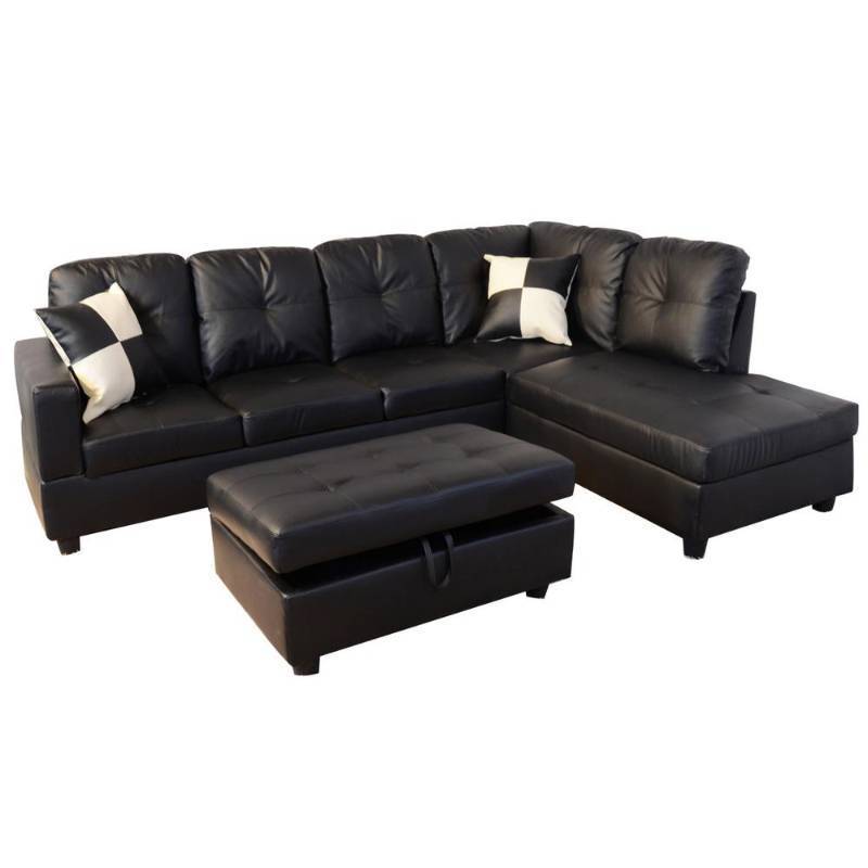 lot 100 image: Star Home Living Black Faux Leather 3-Seater Left-Facing Chaise Sectional Sofa with Storage Ottoman, SH091A - MISSING METAL SUPPORTS TO HOLD BACKREST.