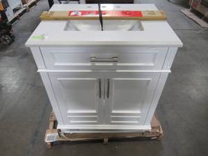 lot 212 image: Home Decorators Collection Highgate 30 in. W x 22 in. D Bath Vanity in White with Cultured Marble Vanity Top in White with White Basin Highgate 30W