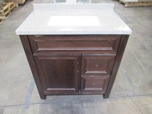 lot 213 image: Glacier Bay Candlesby 30.5 in. W x 18.75 in. D x 34.13 in. H Vanity in Cognac with Solid Surface Vanity Top in Autumn with Basin CD30P2-CG