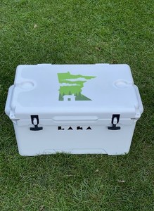 lot 304 image: Laka 45 Quart Cooler in White With Logo - Some scratches, but in nice condition.