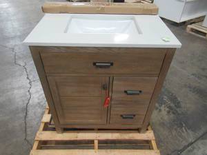lot 232 image: Home Decorators Collection Stanhope 31 in. W x 22 in. D Vanity in Reclaimed Oak and Engineered Stone Vanity Top in Creamed Coffee with White Sink SNOVT3122DR